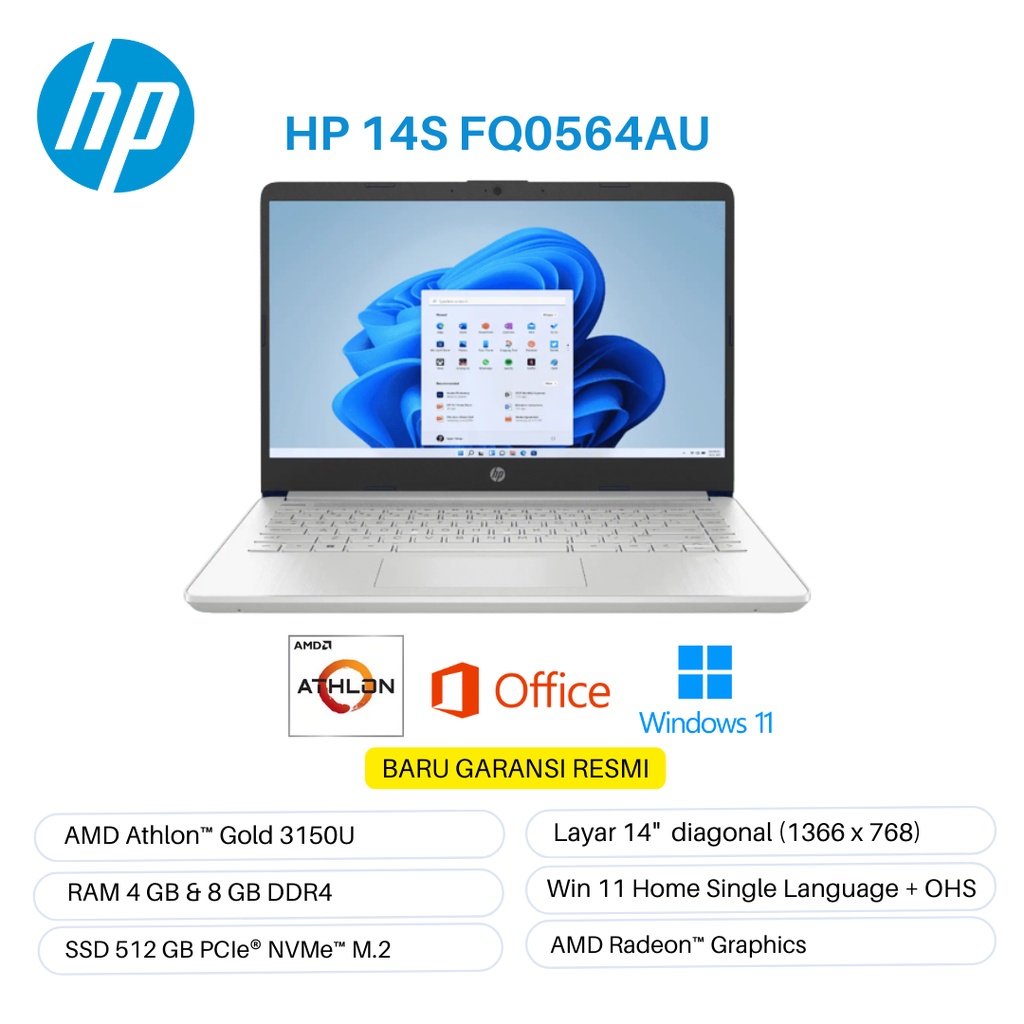 LAPTOP HP 14S FQ0564AU 14&quot; RAM 4/8GB SSD 512 AMD ATHLON GOLD 3150U WIN 11 + OHS BARU