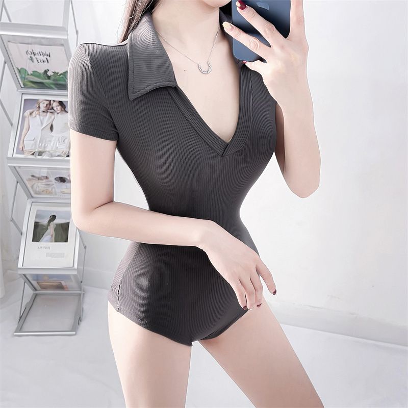 ∈Suhao hot tide dengan wanita ins tide 2022 gaya asing baru kemeja kerah slim fit slim lengan pendek jumpsuit T-shirt top