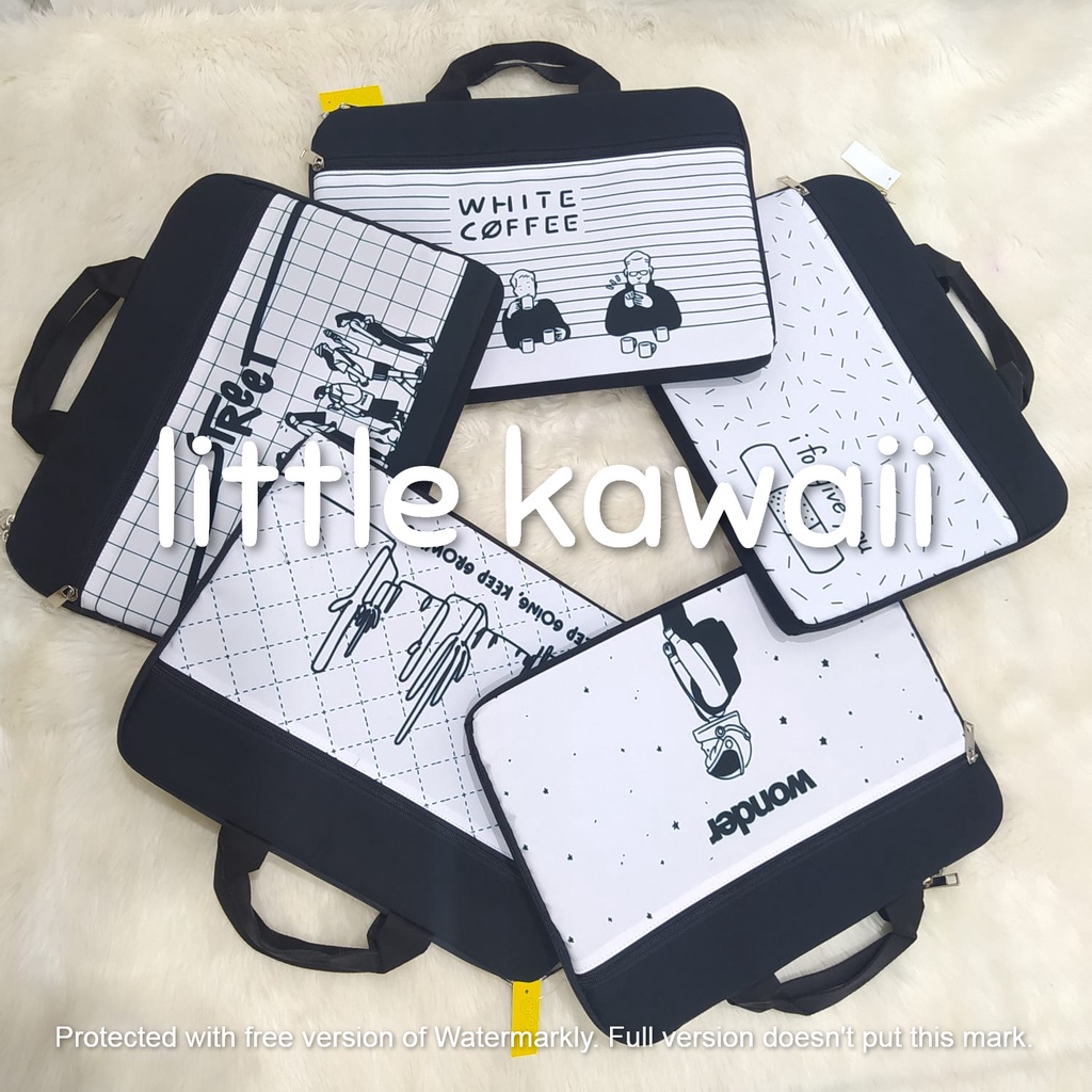 LK/Tas Laptop Case Black White Quotes Kantong Depan Mix 14 Inch