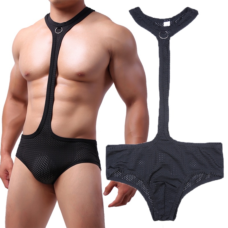 Sexy Men Undershirts Leotard Lingerie Mesh Halter Bodysuits Jockstrap Fitness Wrestling Singlet Jump