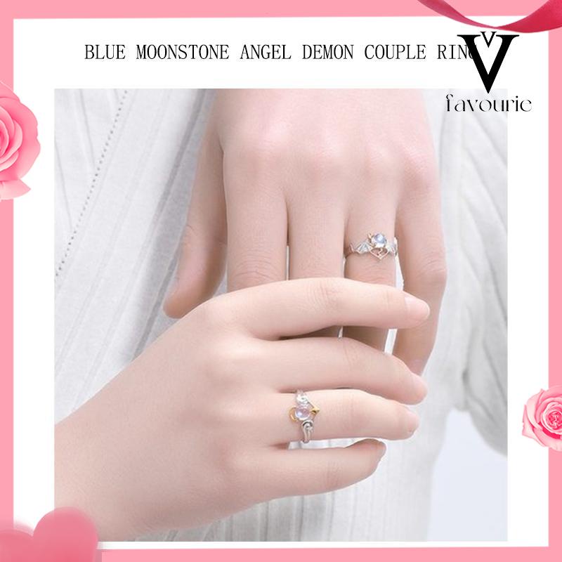 CODPerhiasan Perak Blue Moonstone Angel Devil Couple Ring Jewelry-FA