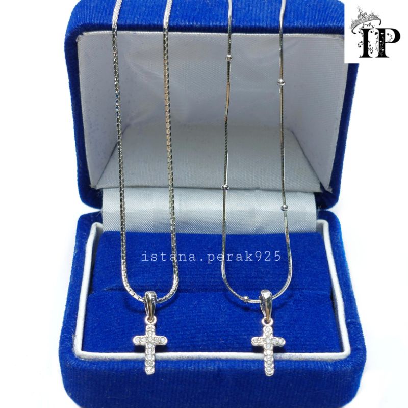 set kalung perak asli silver 925 lapis emas putih - model liontin salib - salib full permata - perak