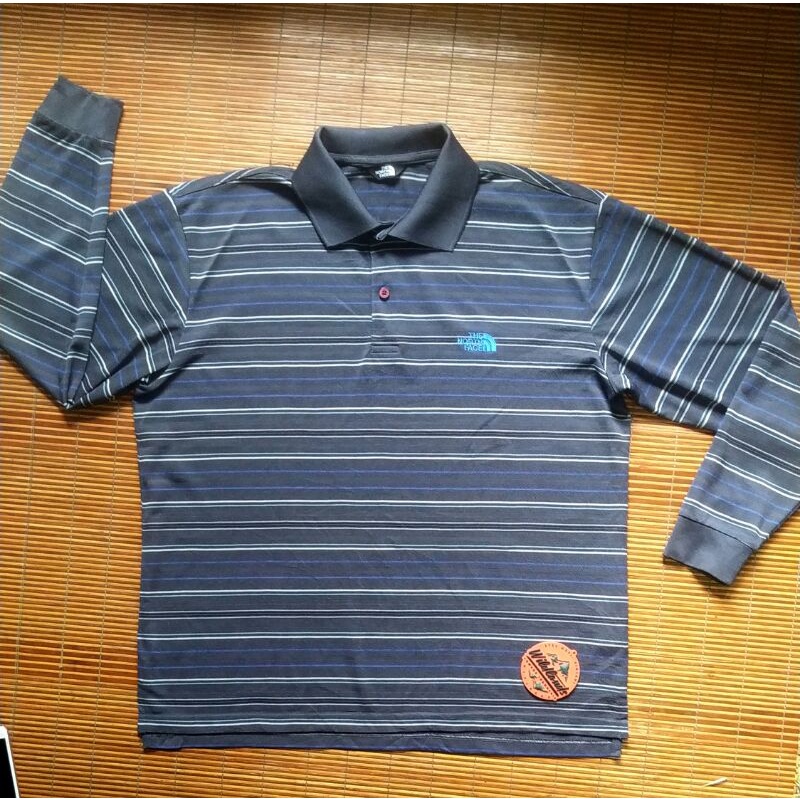 Baju kaos krah The North Face polo shirt garis salur rugby lengan panjang