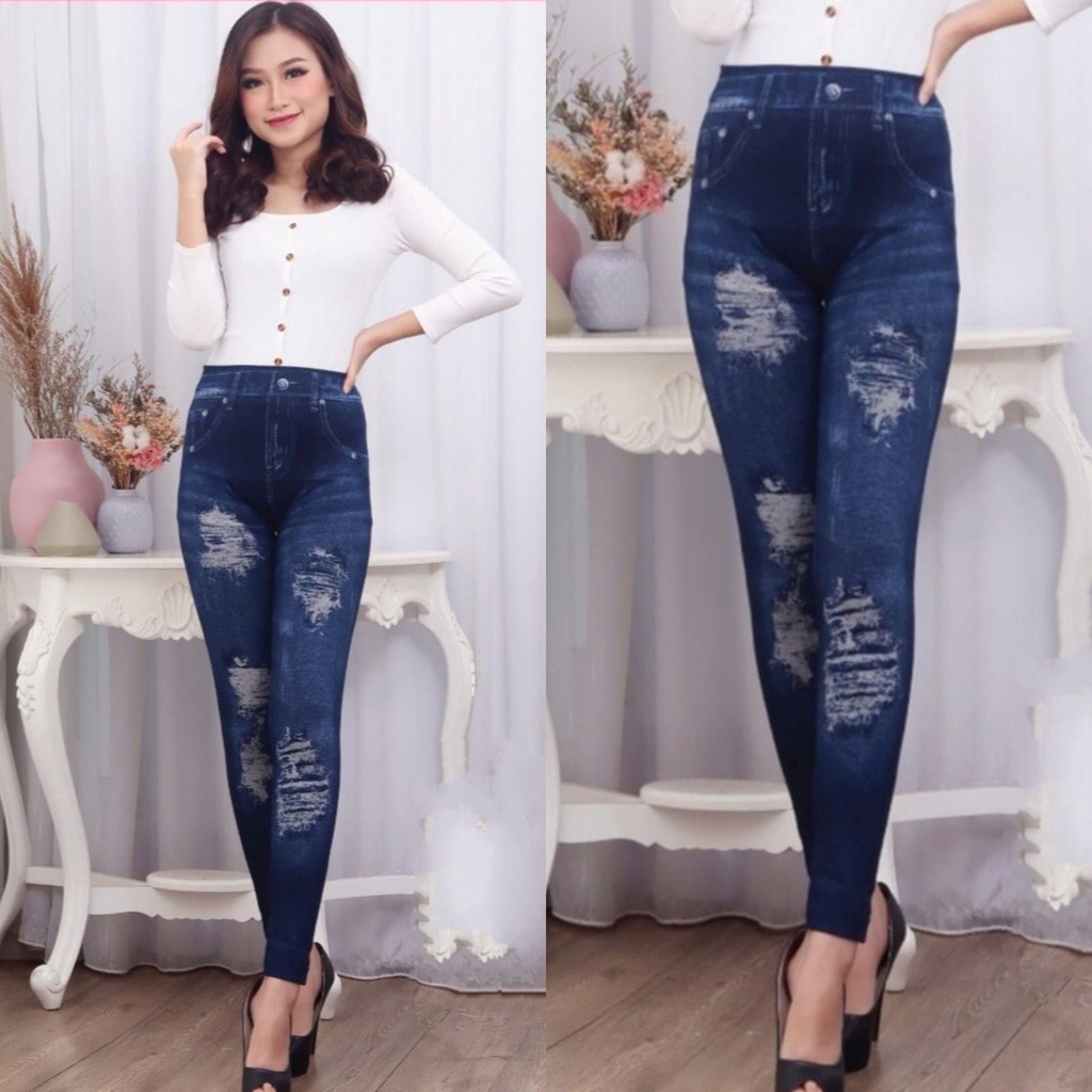 LEGGING DENIM JEANS HIGHWAIST IMPORT / LEGING FASHION WANITA / LEJING FIT TO 80KG+