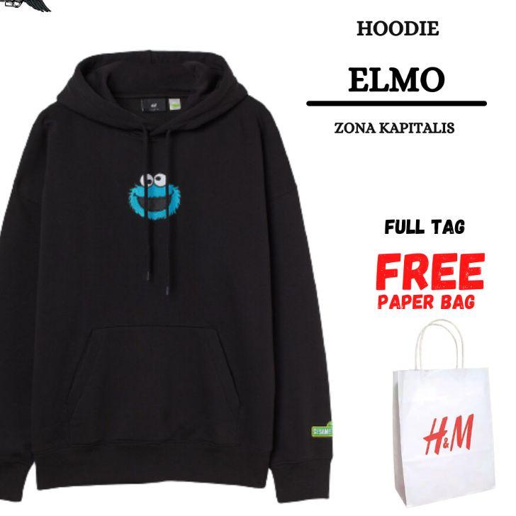 Paling Laris (12.12) Hoodie H&M Elmo Hitam Black FREE PAPER BAG Full Tag HnM Jaket Sweater Pria Wani