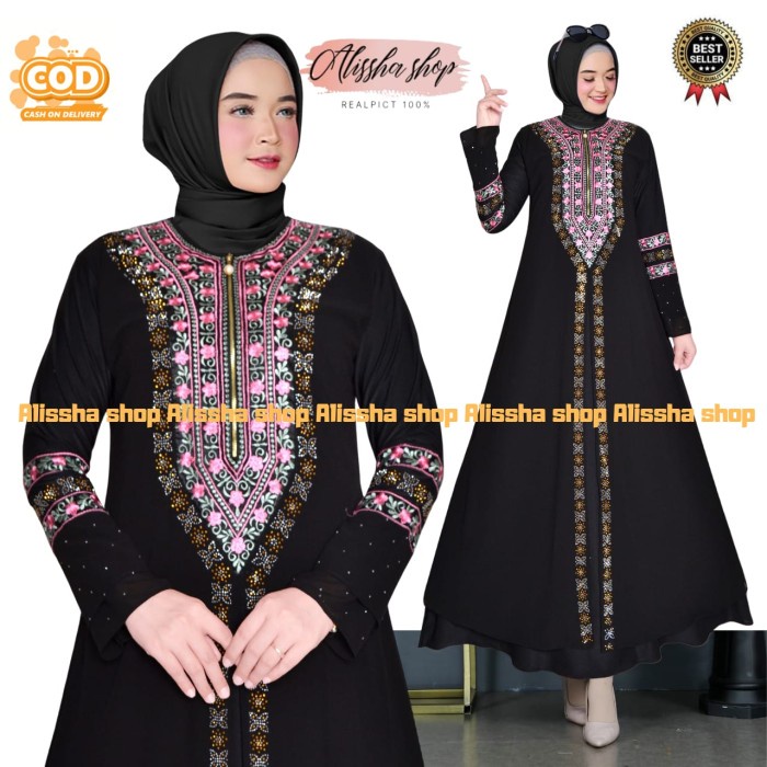 Abaya Gamis Abaya Hawa Bordir Pink /Gamis Abaya Arab Turkey Jersy Premium - Hitam, M(P7Y0) Abaya rem