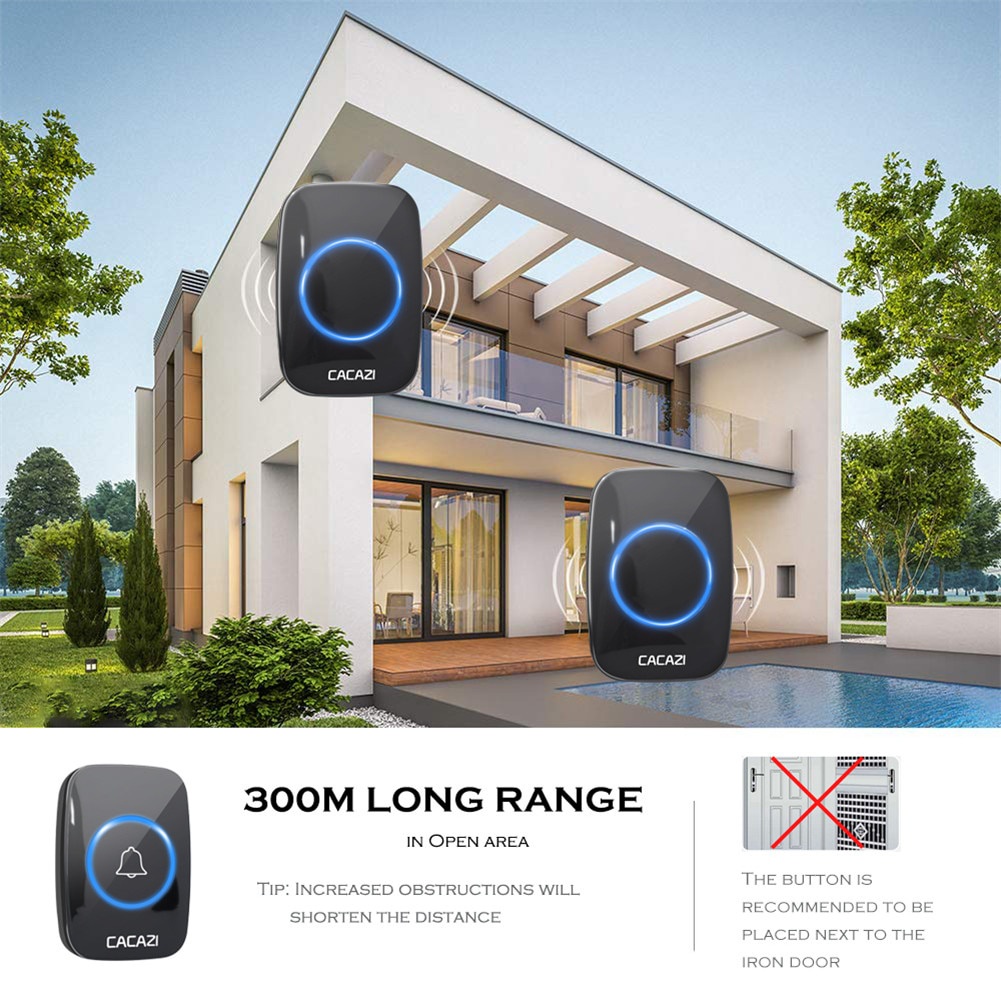 CACAZI Bel Pintu Wireless Doorbell Waterproof 2 Transmitter 2 Receiver - Black - 7RHA3GBK