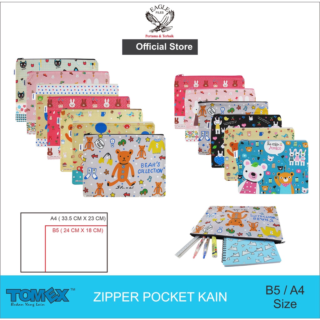 

Zipper Pocket TOMEX B5~A4 / Map Zipper / Tempat Pensil / Pencil Case / Document Bag / Kain Kanvas