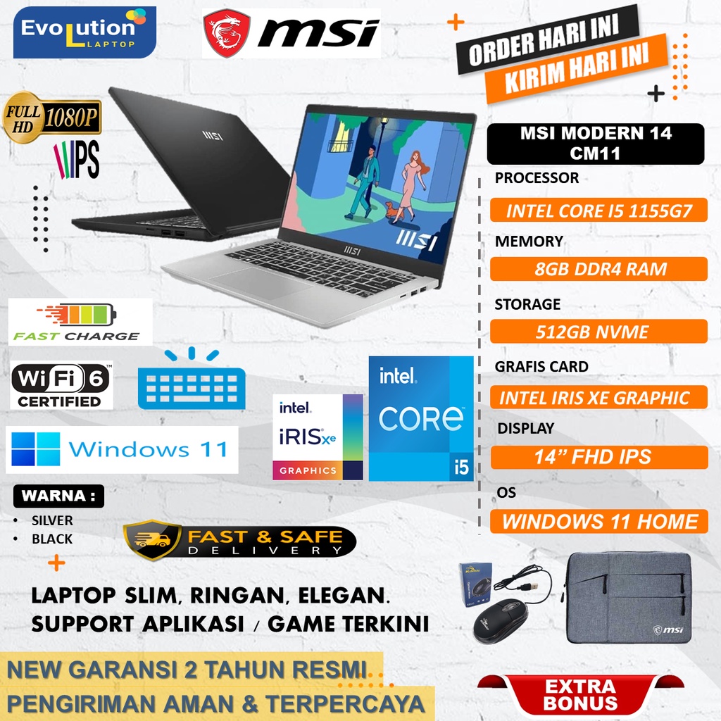 Laptop Msi Modern 14 C11M Intel Core i5 1155g7 Ram 8GB SSD 512gb FHD ips windows 11 garansi resmi