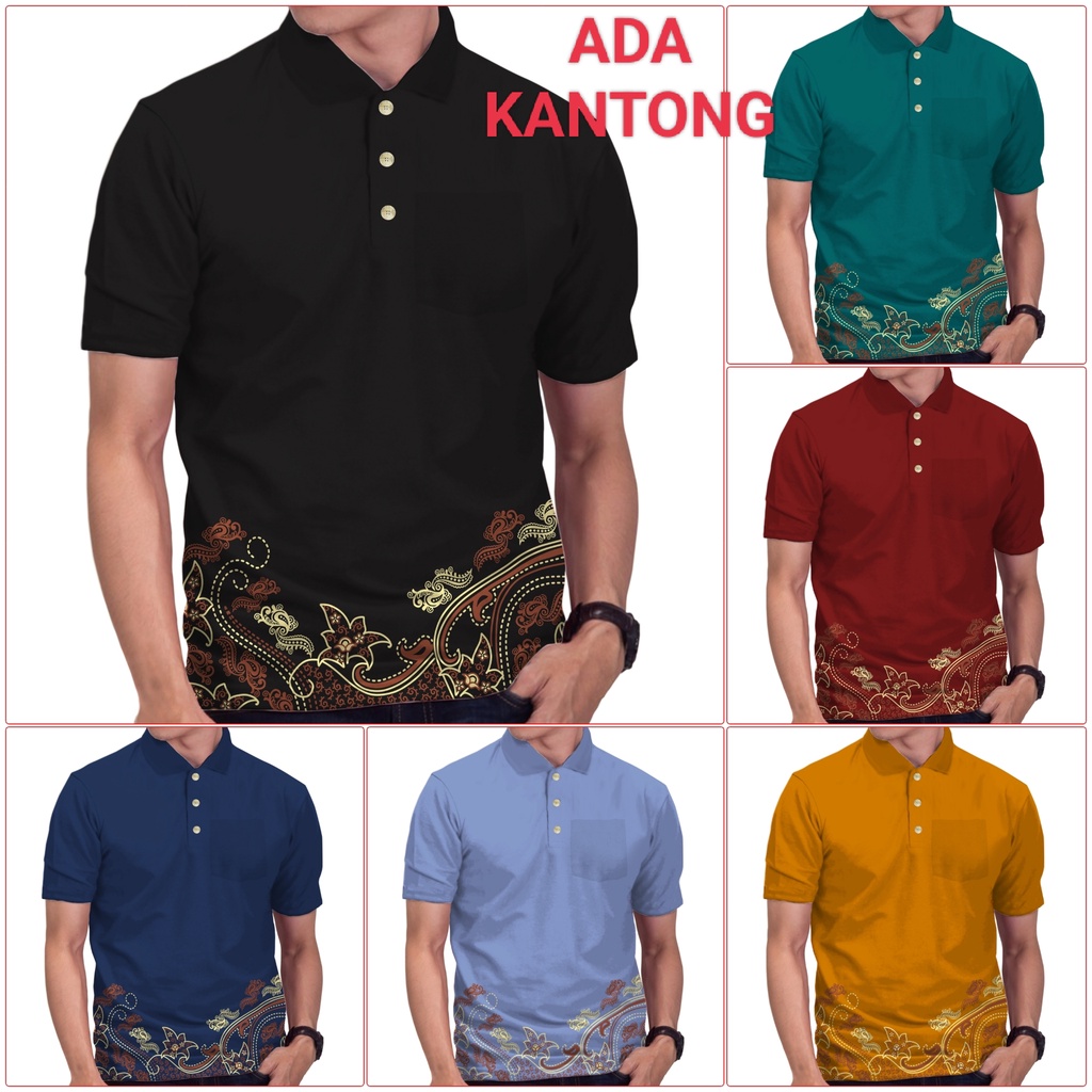 RED SKULL Kaos Kerah Polo Katun Batik Bunga Bawah Ada Saku