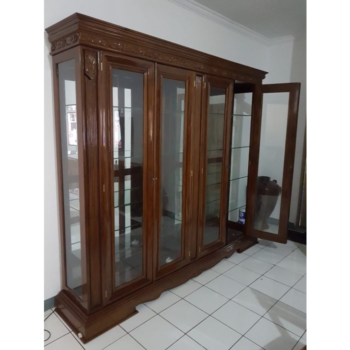 LEMARI PAJANGAN KAYU JATI 4 PINTU FULL KACA MODEL MINIMALIS UKIRAN JEPARA