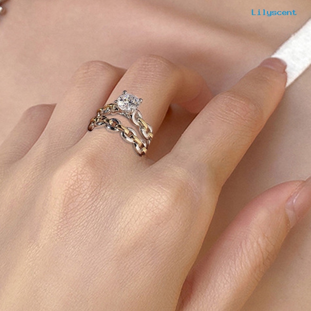 [LS]2Pcs /Set Rantai Permukaan Halus Pernikahan Band Alloy Two-tone Berlian Imitasi Wanita Rings Charm Jewelry