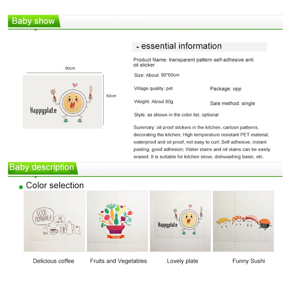 ღ 60*90Cm Lucu Kartun Stiker Transparan Minyak Bukti Stiker Dapur Suhu Tinggi Tahan Air Stiker Dinding Rumah Tangga wallpaper Dapur Stiker