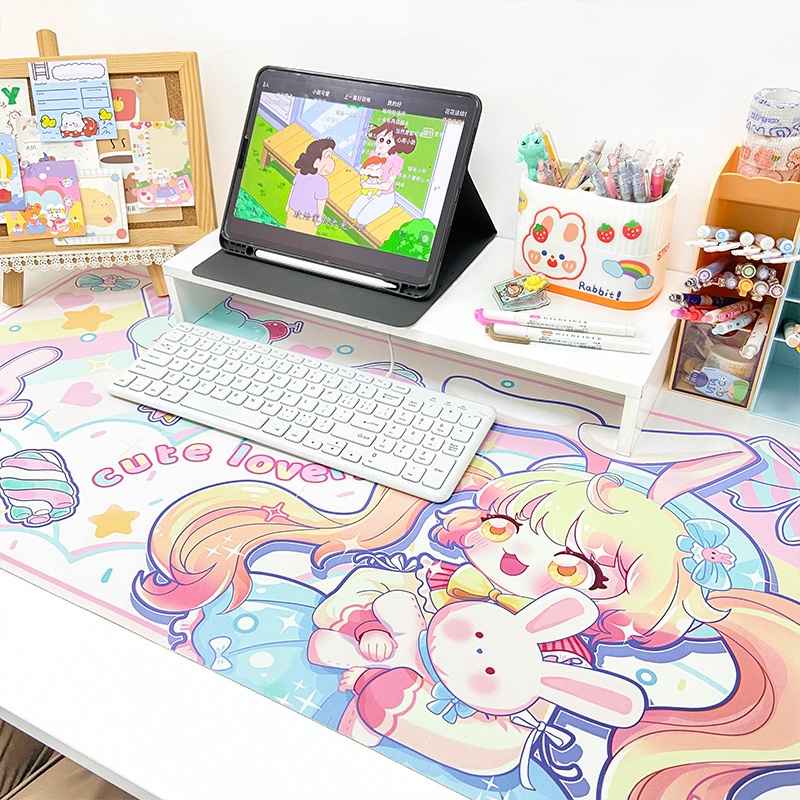 Cute Bunny Non-Slip Mouse Pad Anti Slip Tahan Air 30cm * 60cm Alas Meja Besar Desain Alas Mouse Kulit Untuk Rumah Kantor Komputer