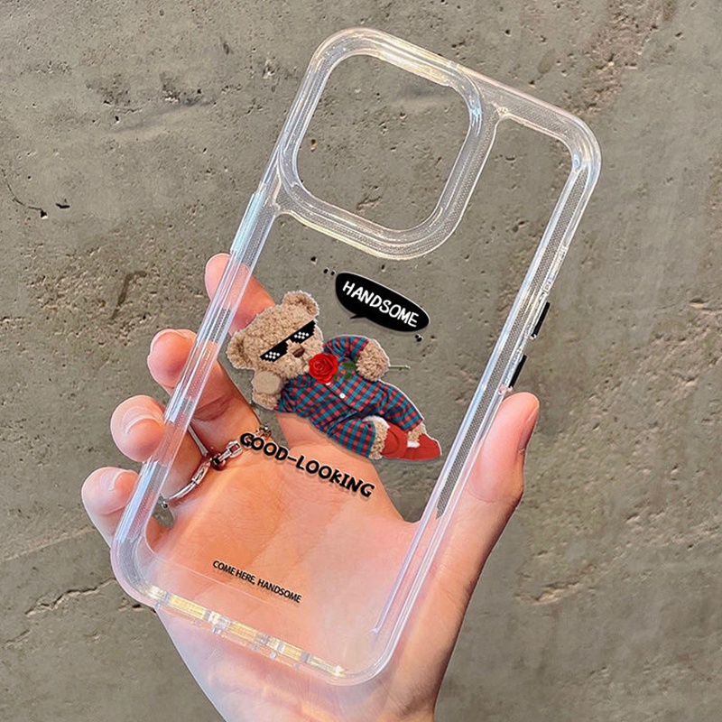 IPHONE Setelan Ganteng Beruang Shockproof Soft Phone Case Tahan Guncangan Kompatibel Untuk Iphone13 14 11 12 Pro XS Max X XR 78 6 6S Plus Casing Transparan TPU Cover