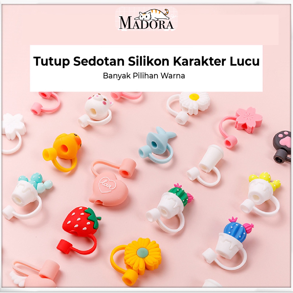 Madora Tutup Sedotan Silikon Karakter Lucu Penutup Sedotan Stainless Anti Debu