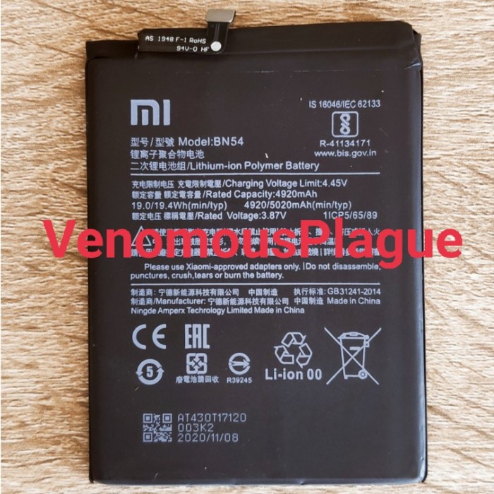 Baterai Battery Xiaomi Redmi Note 9 - Note 9 PRO ORIGINAL BN54 BN-54