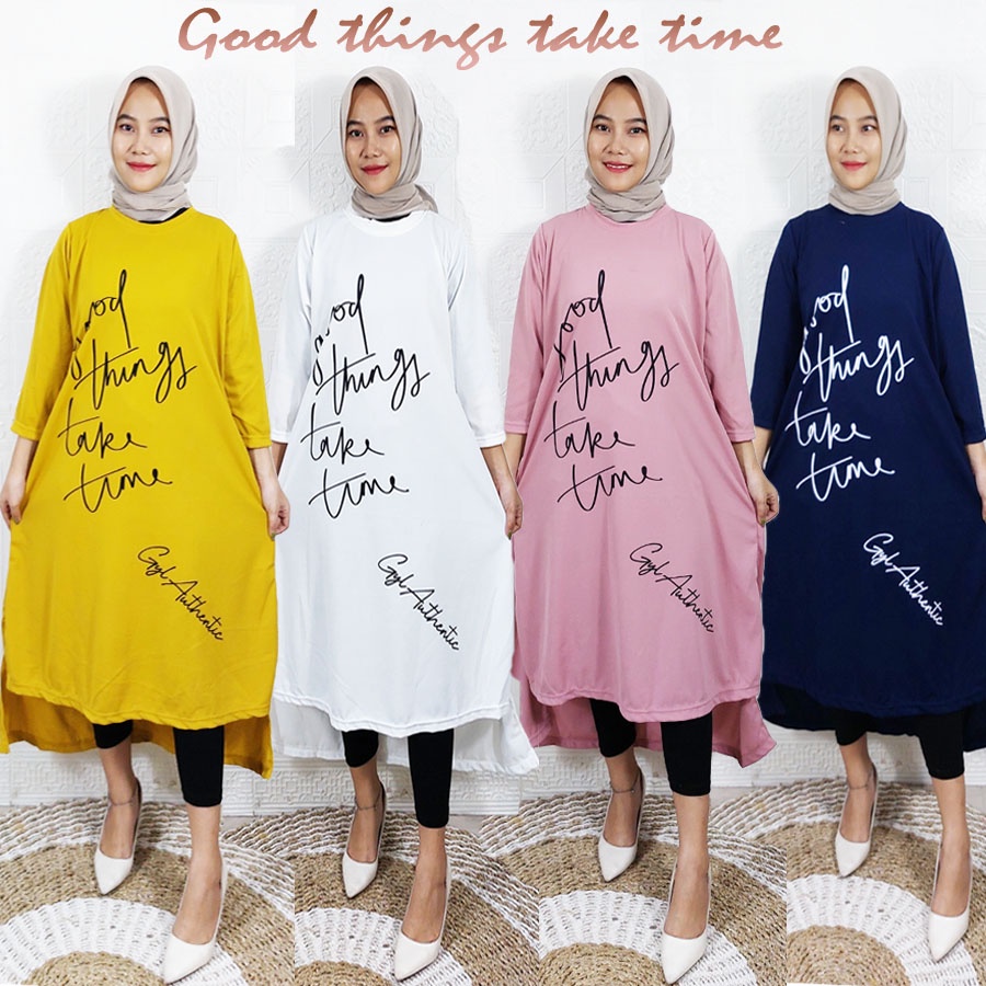 CARLINA GOOD THINGS TAKE TIME LONG TUNIK OVERSIZE DRESS WANITA CANTIK