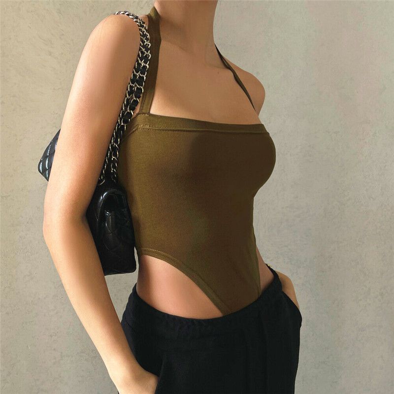 ◎◑◐Suhao Xeemilo sexy hot girl low-cut halter neck strap jumpsuit ins fashion slim waistless sleeveless top