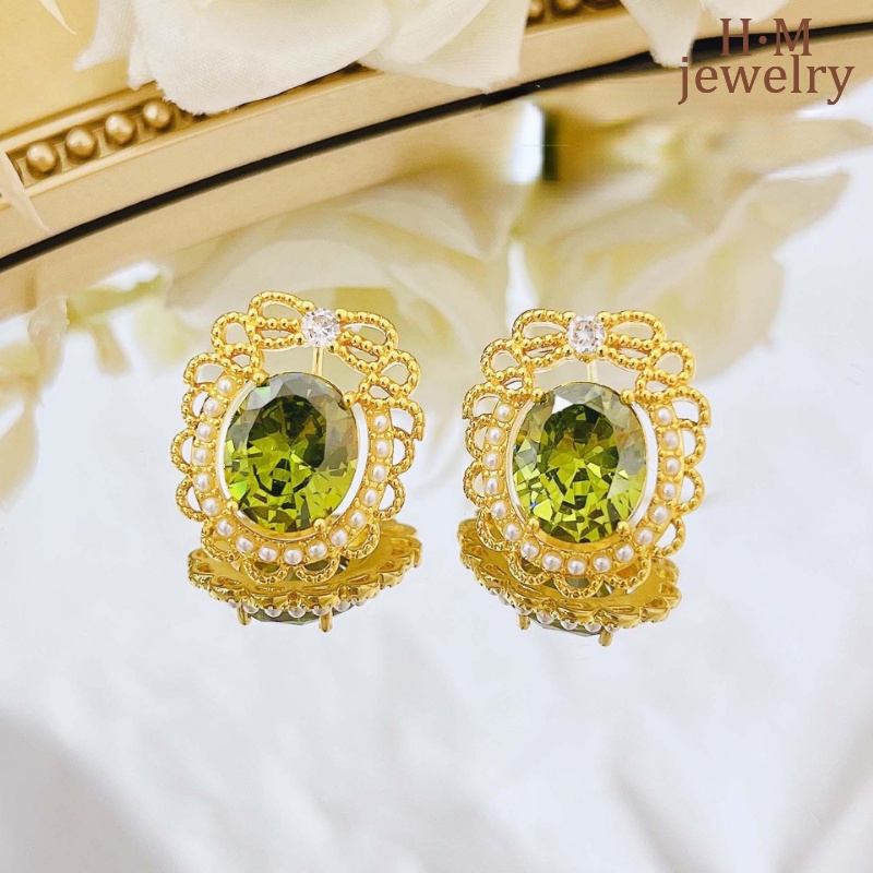 LUSH Anting Vintage Elegan Rimbun Hijau Olive Earrings Mutiara Kristal Hijau Hutan Rimbun