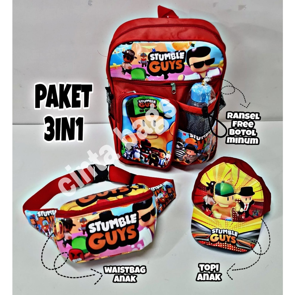 Tas Ransel Sekolah Anak Laki Laki Karakter StumbleGuys Paket 3in1 GratisBotol Minuman