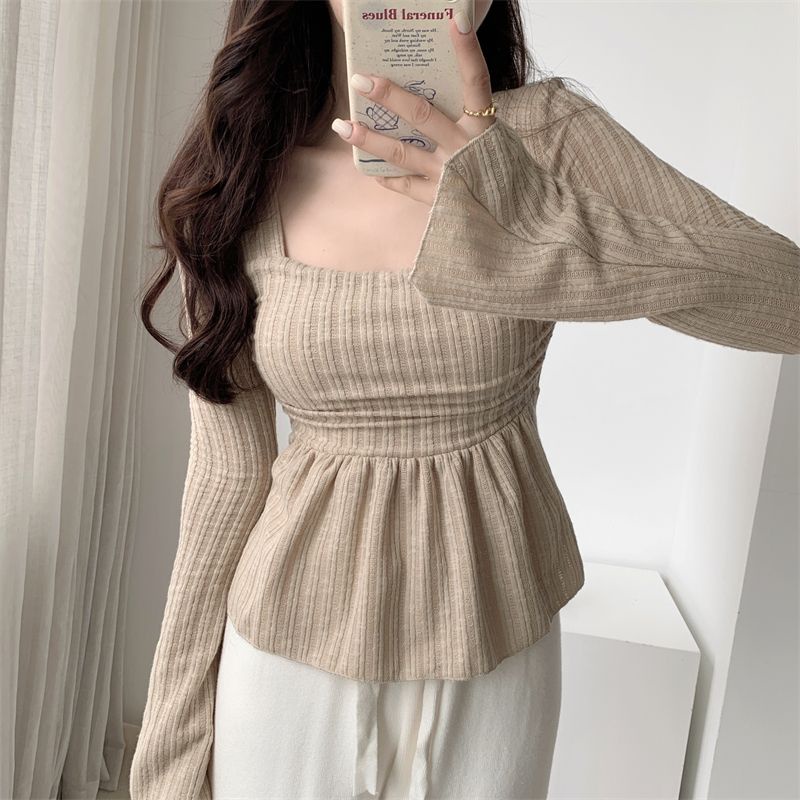 ﹍✼Suhao gaya hasrat murni hot girl square collar long-sleeve t-shirt wanita musim gugur dan musim dingin trumpet sleeve bottoming shirt dengan slim fit dan thin belly cover top