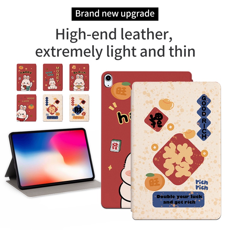 Untuk iPad Air5 4 3 2 1 2022 2020 2019 iPad Pro 10.5 iPad 5 6 7 8 9 9.7 2018 2017 Fashion Tablet Case NewYear Festival Pola Kelinci Lucu Flip Stand Casing Penutup Pelindung Kulit