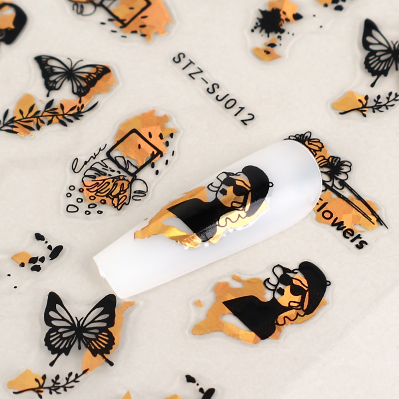 3d Stiker Kuku Emas Daun Kupu-Kupu Bunga Gadis Transfer DIY Kuku Decals Self Adhesive Sliders Manicure Dekorasi