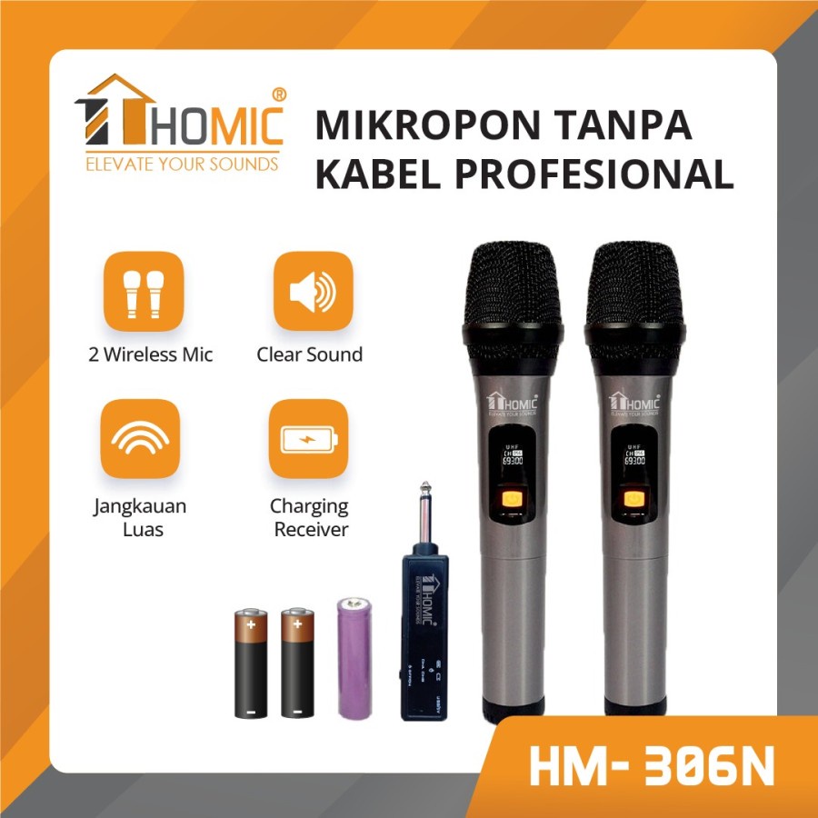 Microphone Double Wireless Homic HM-306N Mic Vokal Tanpa Kabel Original