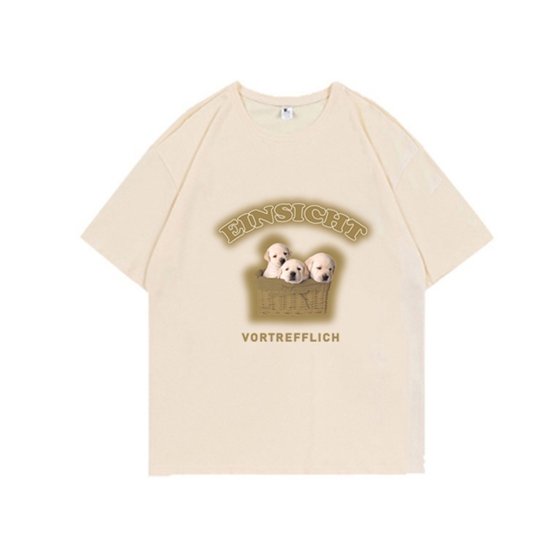 100% Katun Graphic Tee Baju Wanita Dog and Letter Atasan Wanita Oversize Kaos Putih T-shirt Couple Korean Style/Baju coklat