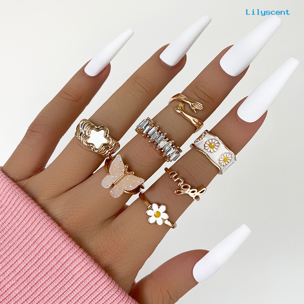 [LS]7 Pcs Cincin Knuckle Kupu-Kupu Gothic Wanita Indah Stackable Finger Rings Perhiasan Hadiah