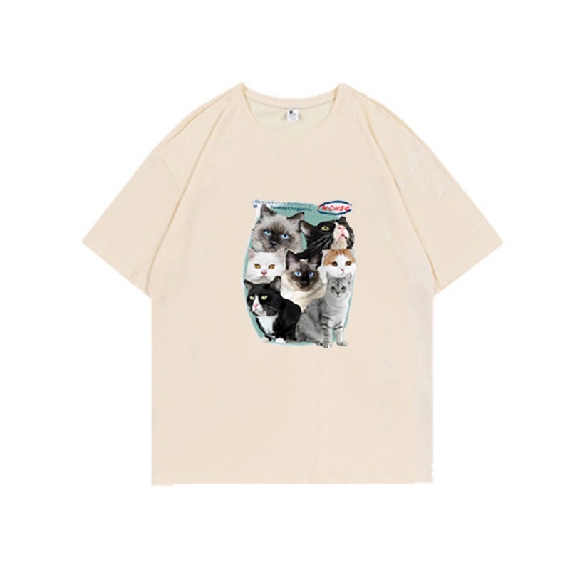 [chaoo.id]Cat Kaos Lengan Pendek Cream Atasan Wanita Oversize Printed T-shirt Kekinian Korean Style/kaos jumbo