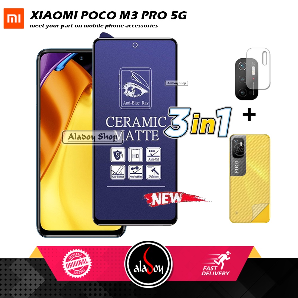 PAKET 3IN1 Anti Gores Blue Matte Anti Glare Xiaomi Poco M3 Pro 5G + Tempered Glass Camera dan Skin Carbon