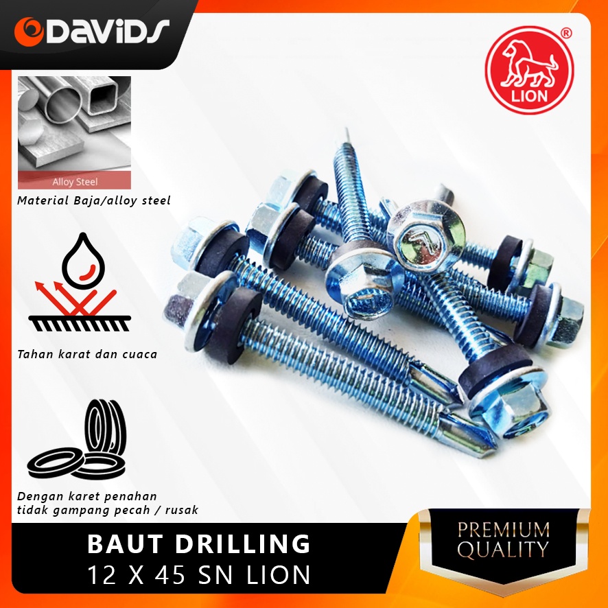 Baut Baja Ringan Sekrup Roofing Skrup Drilling Holo 12x45 Putih Lion