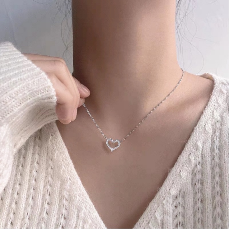 Kami Bunga Korea Bersinar Kristal Berongga Jantung Liontin Kalung Untuk Wanita Gadis Zirkon Manis Peach Perak Tulang Selangka Rantai Necklaces Jewelry