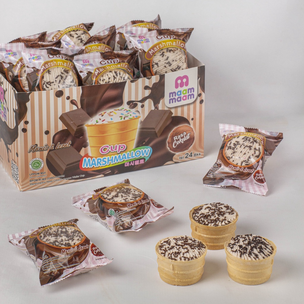 

MAAM MARSHMALLOW CUP RASA COKLAT/ PERMEN MARSHMALLOW DENGAN WAFER CONE 1 BOX ISI 24PCS