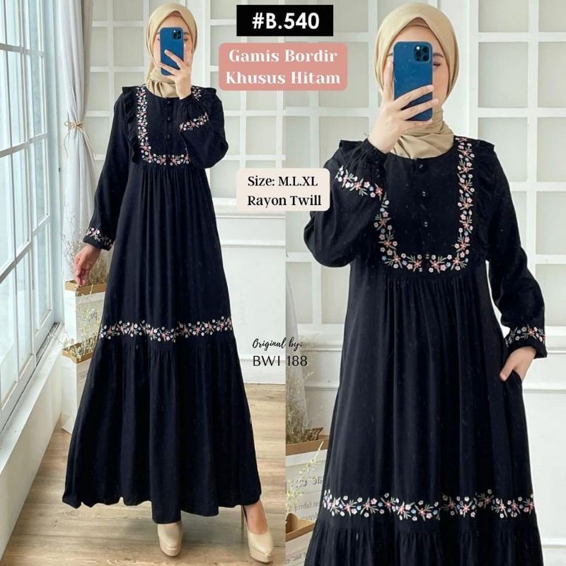 GAMIS HITAM BORDIR BWI 188 RAYON TWILL