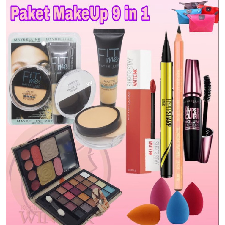 Paket Makeup Maybelline Set 7 in1 1 Eyeshadow Besar / Foundation Bedak Lipcream Eyeliner Mascara