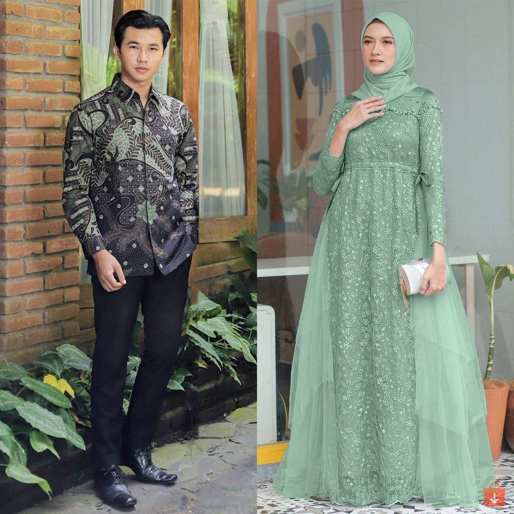 [COUPLE SPESIAL BAJU LEBARAN] COUPLE GAMIS MELLA NEW DRESS TULLE MUTIARA - GAMIS COUPLE KEKINIAN - DRESS KONDANGAN TERBARU - COUPLE GAMIS MUSLIM KOMBINASI BROKAT