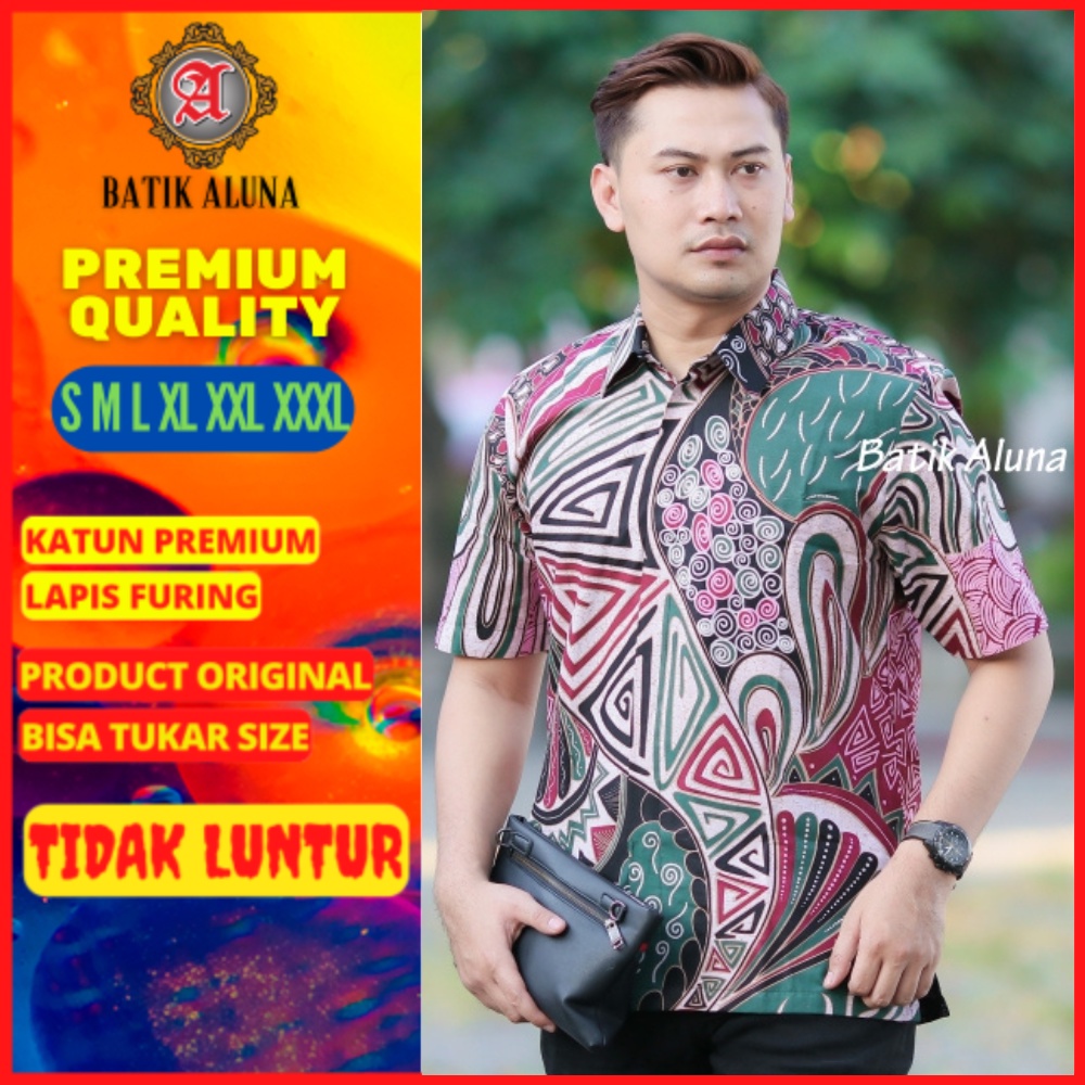 Kemeja Baju Batik Solo Atasan Tradisional Adat Jawa Pria Lengan Pendek Reguler Premium Modern ALUNA 