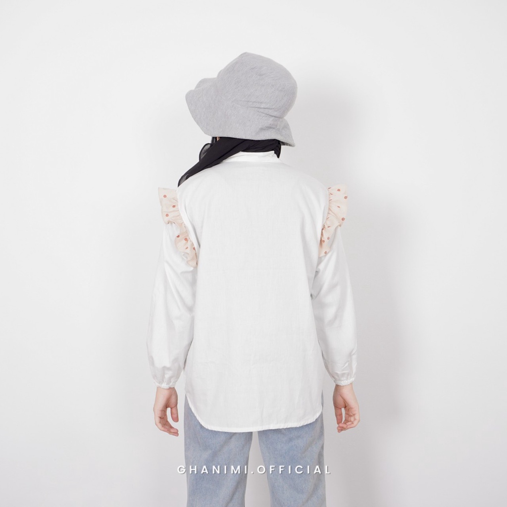 Ghanimi - Anna Shirt / Kemeja Polos Ruffle Polkadot / Kemeja Kerja / Atasan Kerja / Baju Kerja / Kemeja Polos / Kemeja Katun / Kemeja Casual / Kemeja Formal / Kemeja Timeless