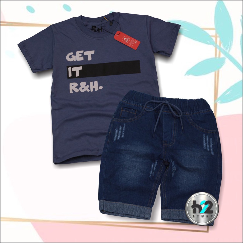 Setelan Anak Celana Jeans / Setelan Jeans Anak Laki Laki /  Setelan Kaos Distro Anak Celana Jeans Pendek Usia 3-12 Tahun / By H22Story