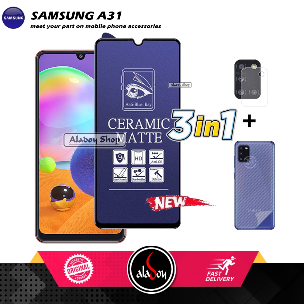 PAKET 3IN1 Anti Gores Blue Matte Anti Glare Samsung A31 + Tempered Glass Camera dan Skin Carbon