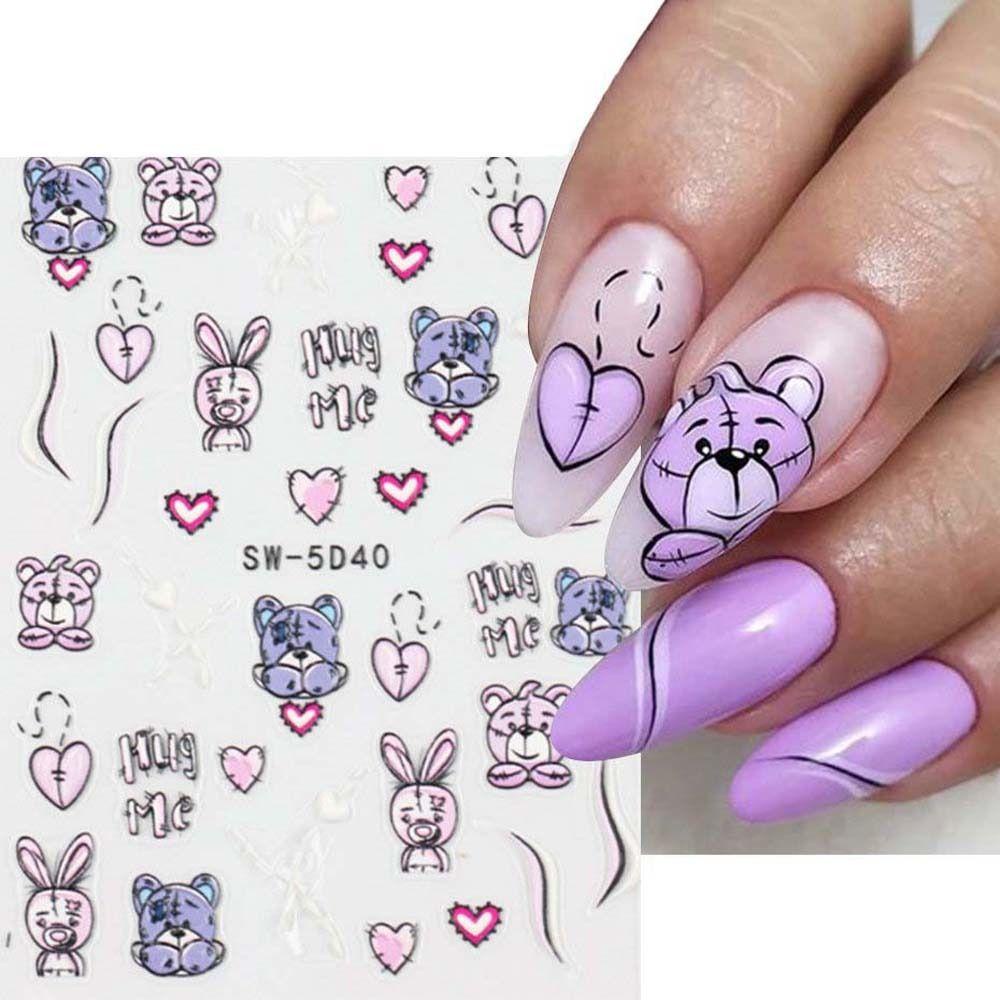 AUGUSTINA Agustina Kartun Stiker Kuku 5D Relief Lucu Valentine Day Nail Art Kelinci Manicure Aksesoris Panda Nail Art Dekorasi