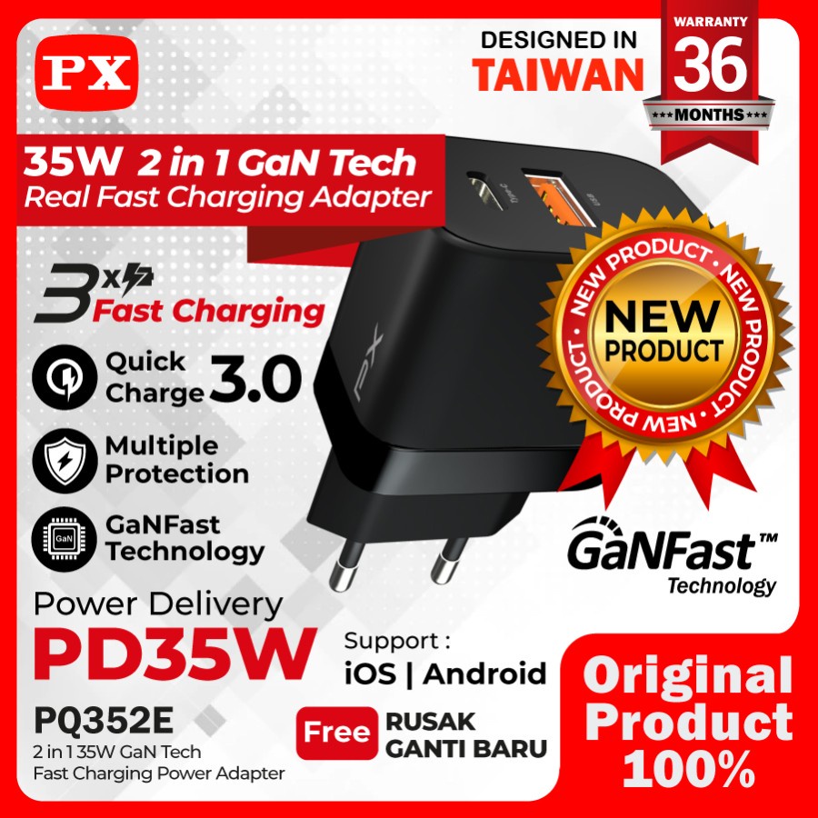 Kepala Charger 35W Adaptor Fast Charging Type C+USB A - PX PQ352E