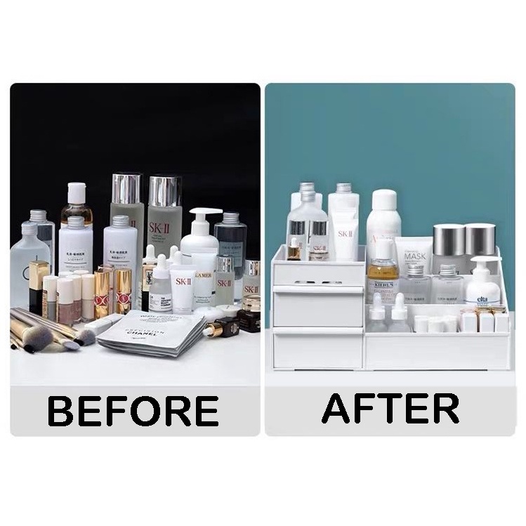 Rak Kosmetik 2 Laci Mini Tempat Skincare Rak Tempat Kotak Meja Kantor Storage Box Penyimpanan Peralatan Make Up