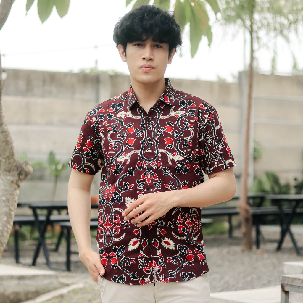 BatikBule Kemeja Batik Slimfit Pendek Motif Casual Warna Maroon &amp; Hijau LBS 1857 &amp; 1858