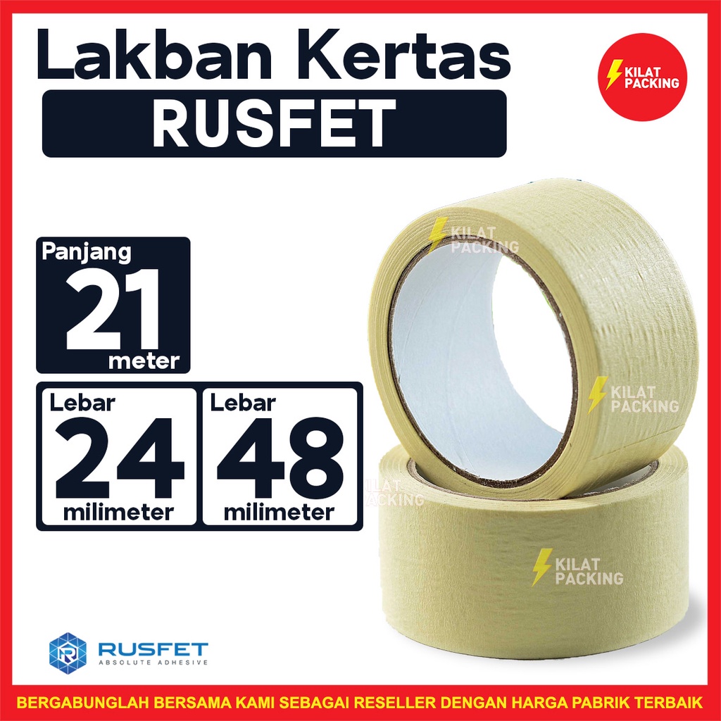 RUSFET MASKING TAPE, LAKBAN KERTAS , (Uk : 24 mm, 48mm )