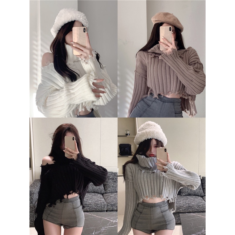 ✺¤Suhao Versi Korea Hollow Lengan Panjang Sweater Wanita Musim Gugur dan Musim Dingin 2022 Baru Putih Lembut Lubang Menebal Pendek rajutan Sweater Jaket