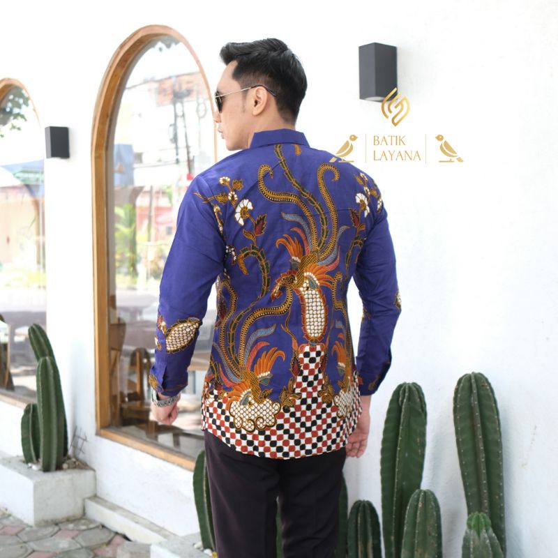 Batik Catur Biru Kemeja Lengan Panjang Full Puring Premium